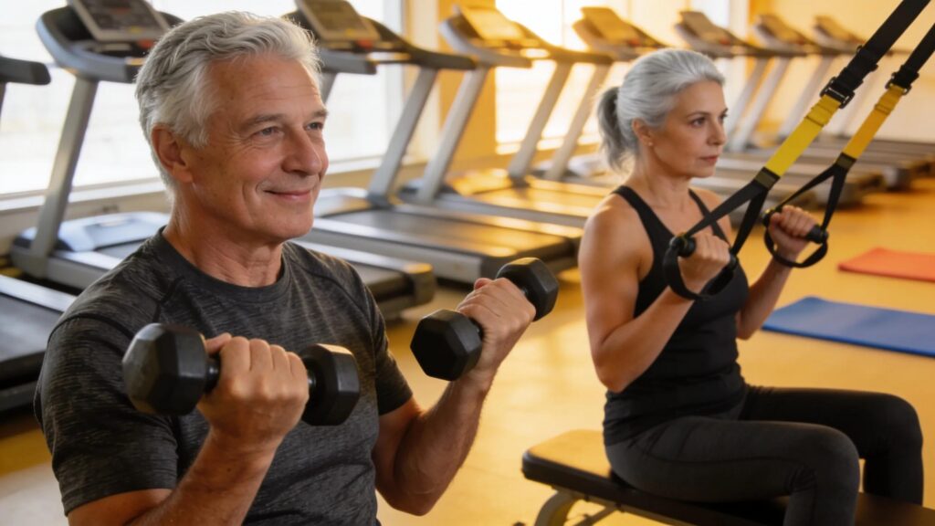 Older man and woman engaging in a fitness session with exercise equipment